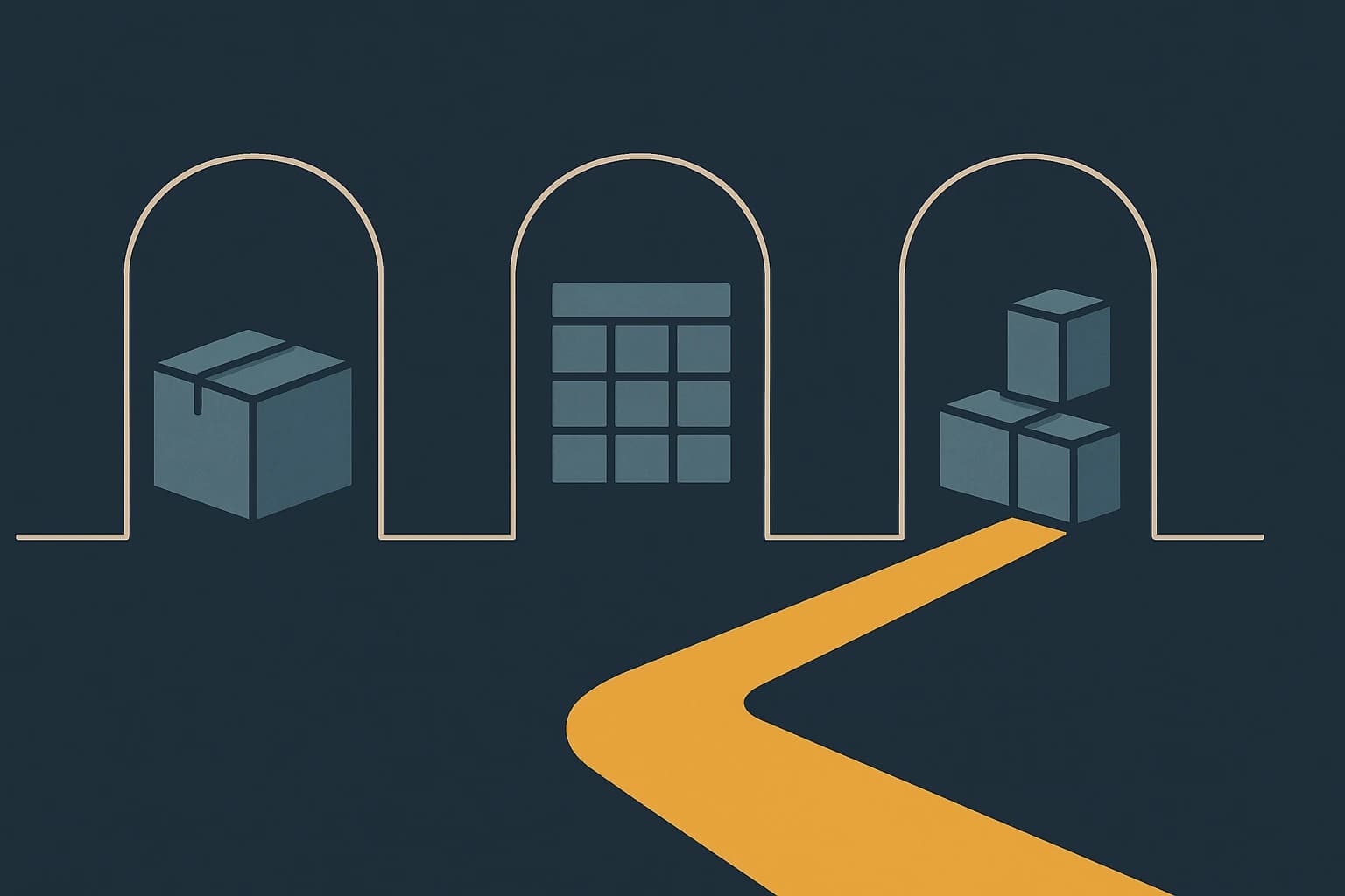 Illustration: three paths – standard software, spreadsheets or custom development – with a golden path to custom