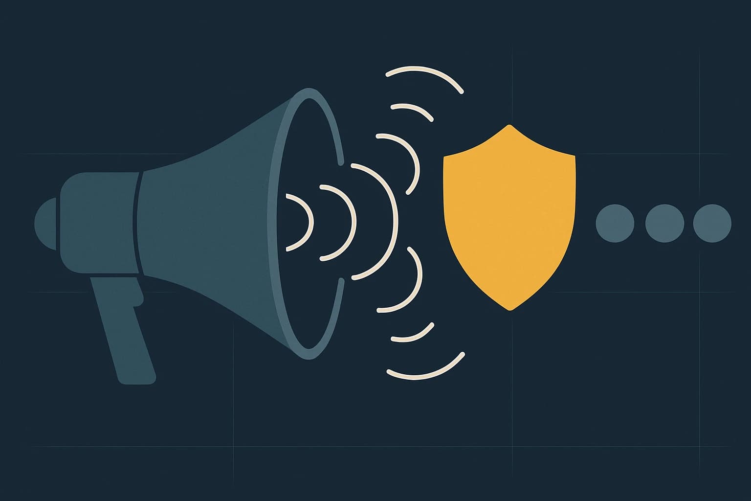 Illustration: Megafon sendet Signale durch einen goldenen Datenschutz-Filter zum Publikum