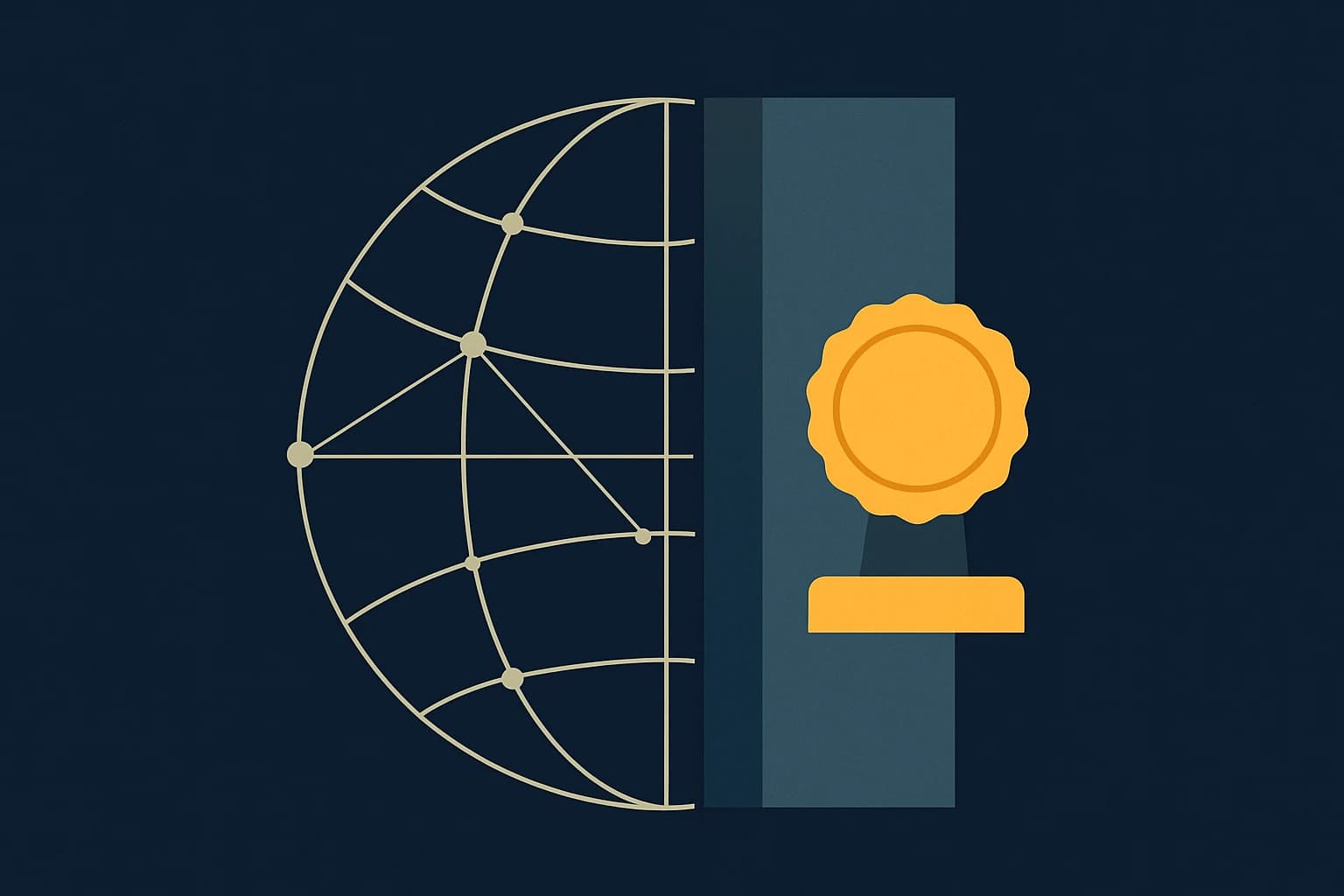 Illustration: Drahtgitter-Globus mit Netzwerk hinter einer Mauer mit goldenem Siegel – Cybersicherheitsrecht und Marketing