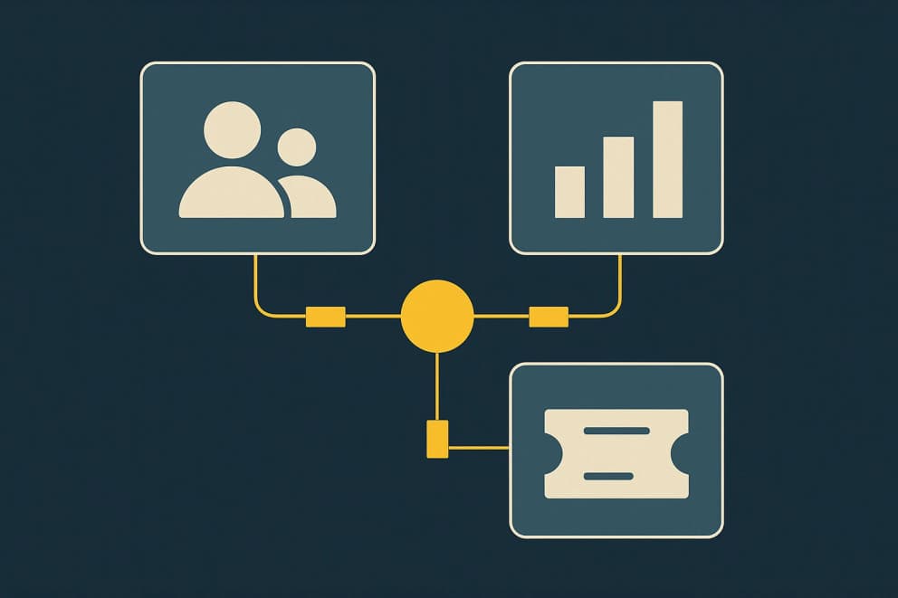 Illustration: Ein Agent verbindet drei Systeme über goldene API-Leitungen im Backoffice