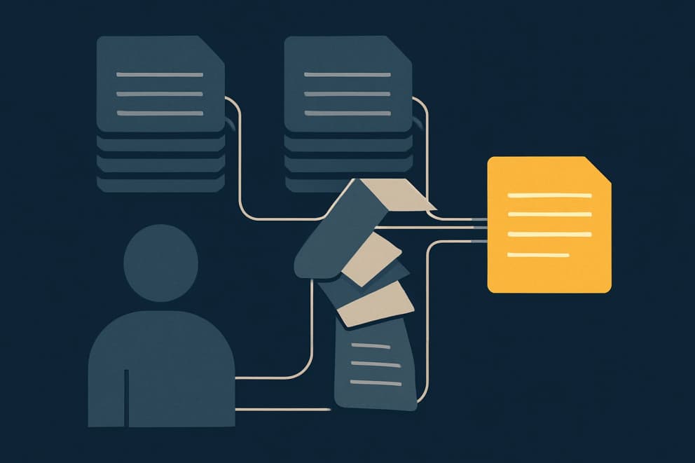 Illustration: agent pulling documents from several source archives with one golden document highlighted