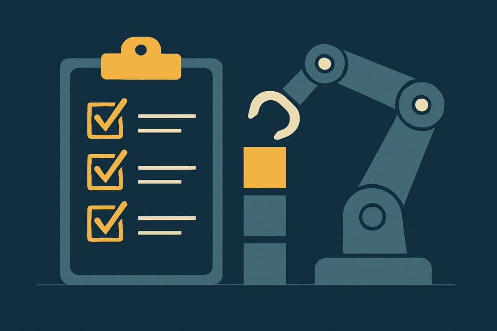 Illustration: Checkliste mit goldenen Haken neben einem Roboterarm, der Blöcke zusammensetzt