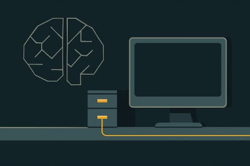 Illustration: ein großes Gehirn aus geometrischen Formen neben einem kleinen, gut sortierten Aktenschrank mit goldener Verbindung zu einem Schreibtisch