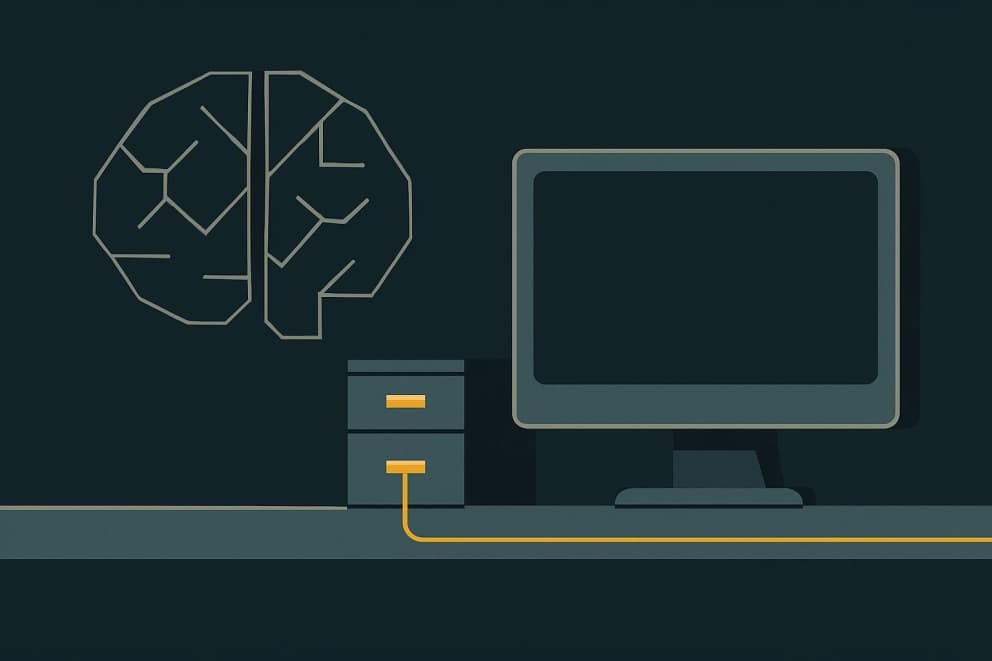Illustration: a large brain built from geometric shapes beside a small, well-sorted filing cabinet with a golden line running to a desk
