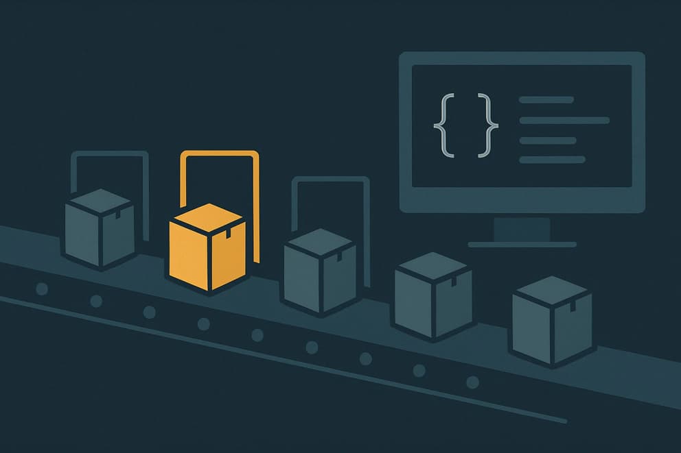 Illustration: packages moving through a deployment pipeline with a golden checkpoint while a dashboard stays unused