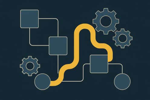 Illustration: process flowchart with gears and one golden path – automated business processes