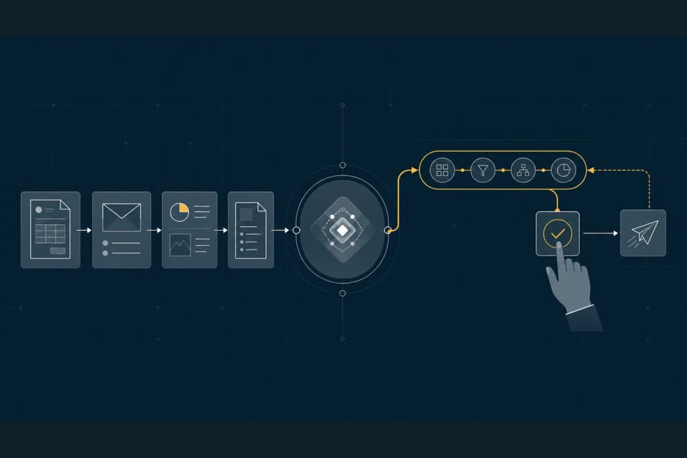 Illustration: different office tasks passing through an AI agent into a reusable workflow with human approval