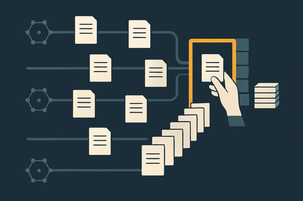 Illustration: many finished results from AI agents queue up in front of a single human review point