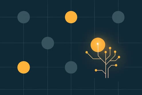 Illustration: a business as a network of recognizable processes with golden AI nodes – using AI in your business