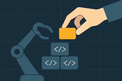 Illustration: human hand and robotic arm building a code-block structure together with a golden capstone