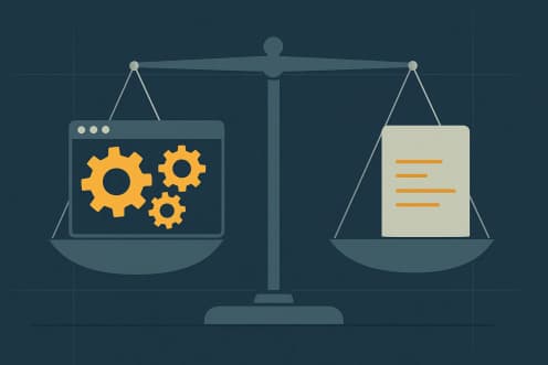Illustration: a balance scale weighing a complex software window against a plain text file