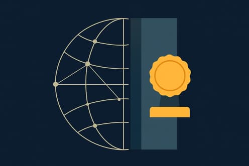 Illustration: wireframe globe with a network behind a wall bearing a golden seal – cybersecurity law and marketing