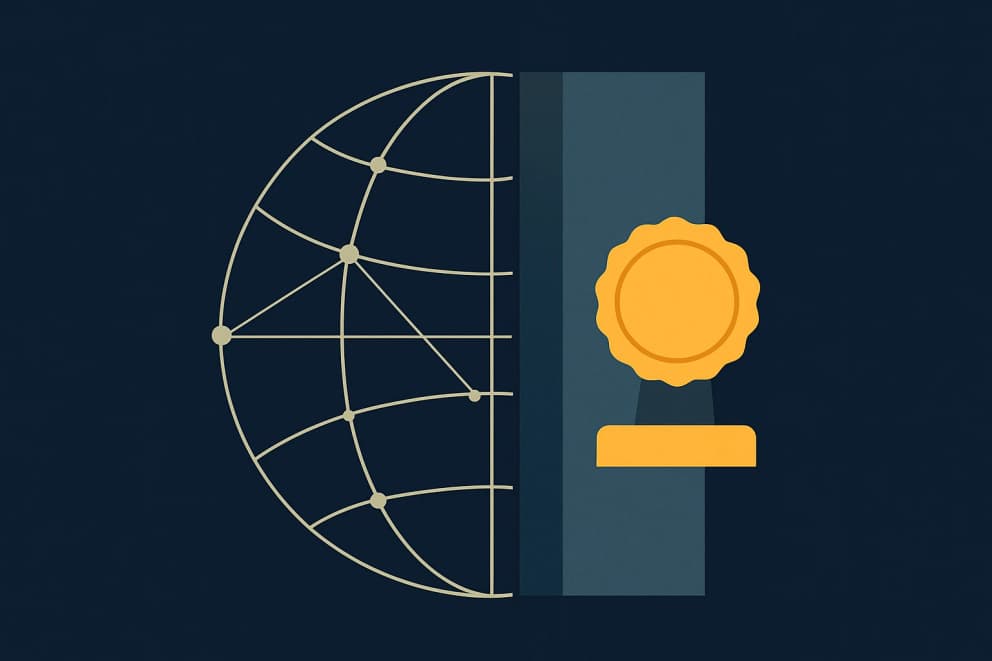 Illustration: wireframe globe with a network behind a wall bearing a golden seal – cybersecurity law and marketing