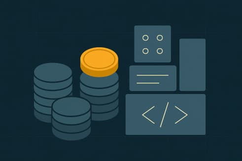 Illustration: coin stacks next to software building blocks with one golden coin – cost frame for custom software