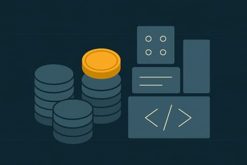 Illustration: coin stacks next to software building blocks with one golden coin – cost frame for custom software