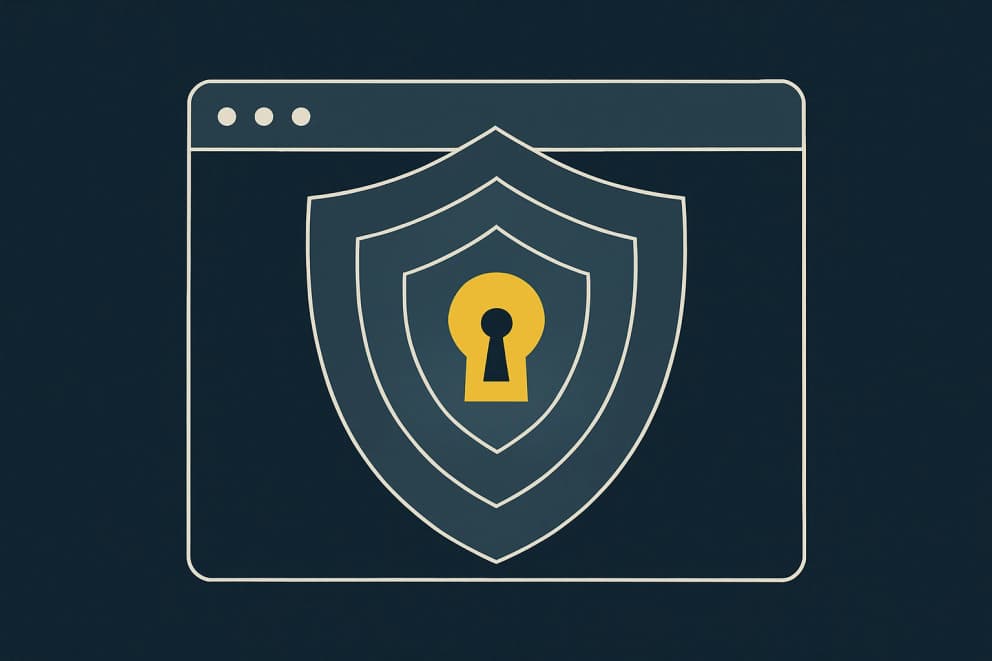 Illustration: Sicherheitsebenen als App-Fenster hinter mehreren Schutzringen mit goldenem Schlüsselloch