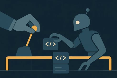 Illustration: robot building code inside golden guardrails with a hand on a control lever