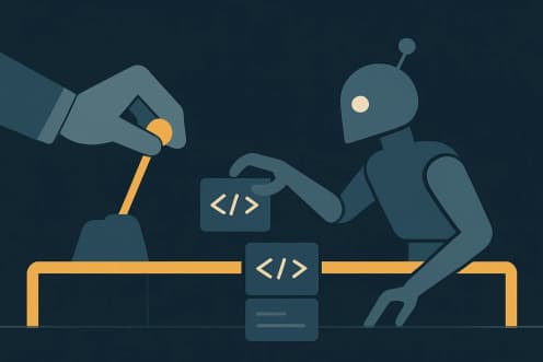 Illustration: robot building code inside golden guardrails with a hand on a control lever