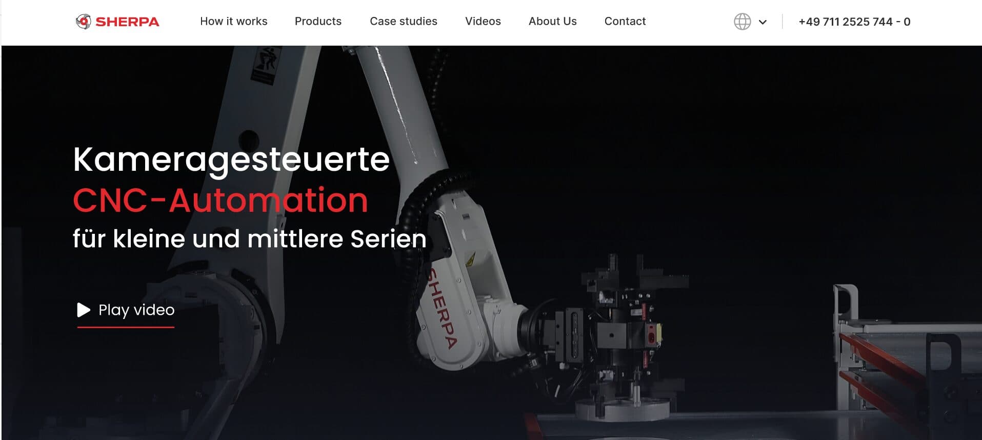 SHERPA website with a robot photo and its camera-guided CNC automation offering