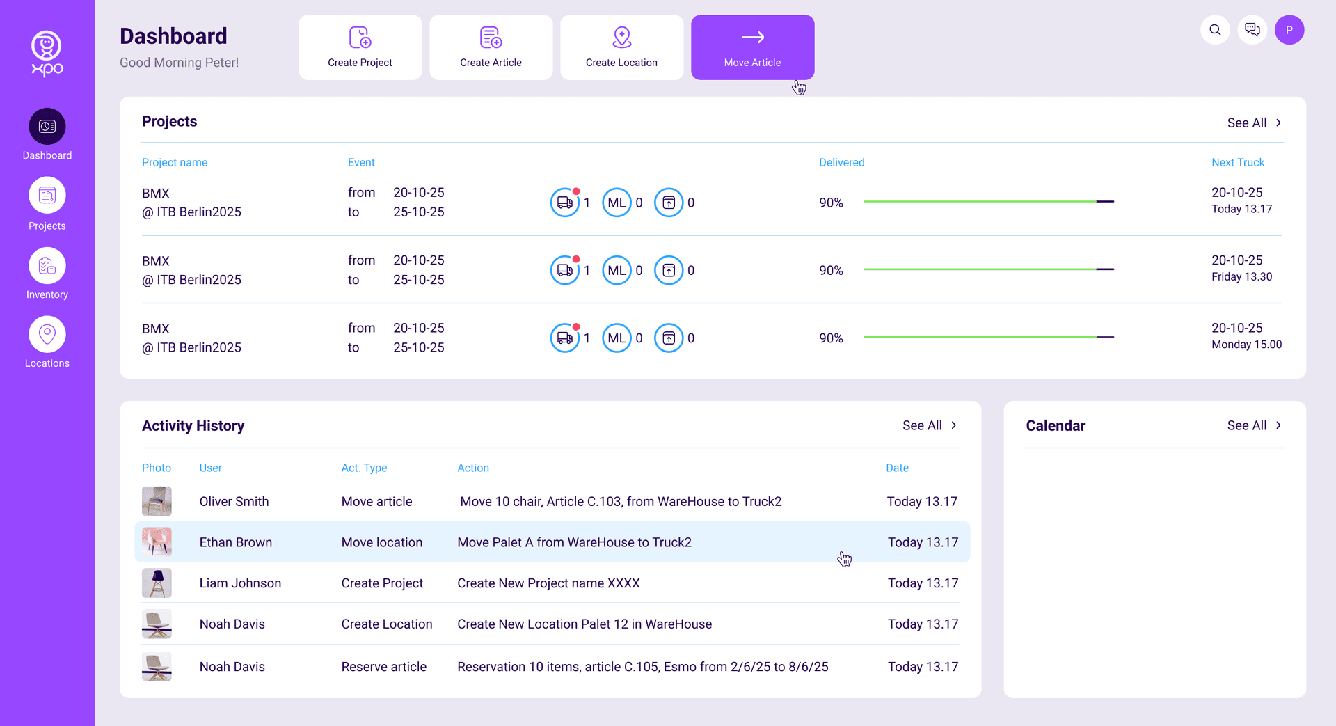 XPO Inventory Dashboard mit Projektstatus und Aktivität