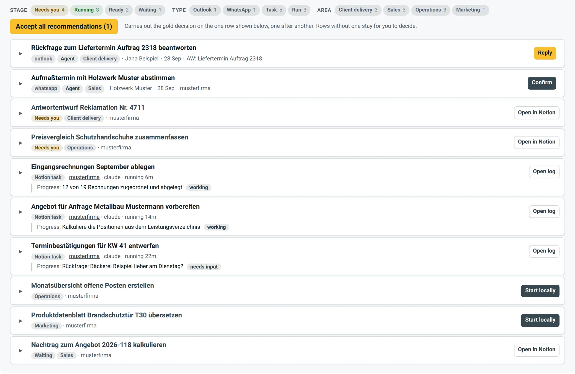 Task overview of our agent steering with example data: filters by stage, source and area at the top; below, proposals from Outlook and WhatsApp with actions such as reply or confirm, results waiting for review, running agent tasks with progress such as 12 of 19 invoices filed, and an open question for the team.