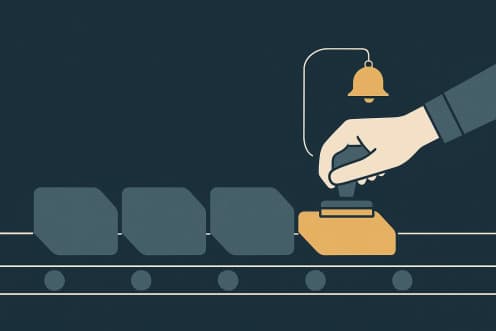 Illustration: a chain of process stations running through automatically, one golden station waiting for release by a human hand