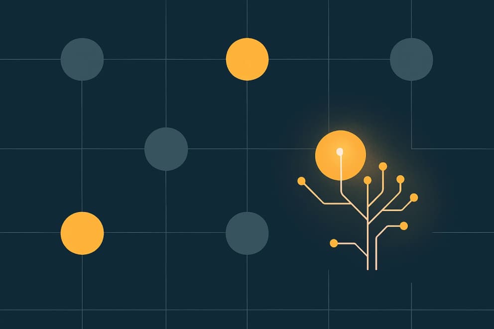 Illustration: a business as a network of recognizable processes with golden AI nodes – using AI in your business