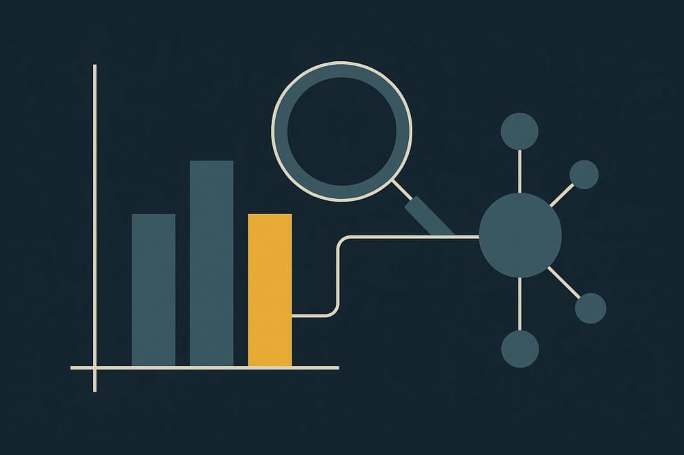 Illustration: bar chart with a golden bar and magnifying glass feeding an agent – SEO data via API