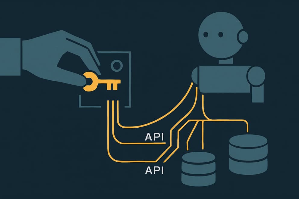 Illustration: a hand turns one golden key at a dashboard while an agent routes API lines into two separated account clusters