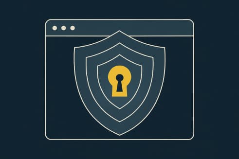 Illustration: Sicherheitsebenen als App-Fenster hinter mehreren Schutzringen mit goldenem Schlüsselloch