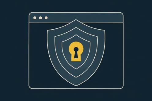 Illustration: security layers as an app window behind layered shield rings with a golden keyhole